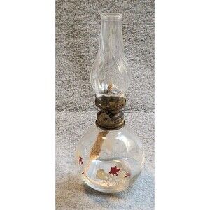 Vintage Petite Hand Painted Design Clear Heavy Base Glass 7.5” Oil Lamp